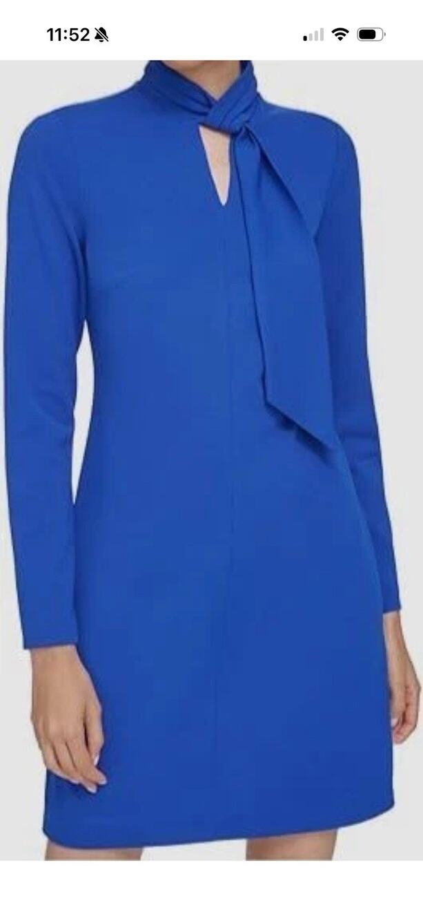 Calvin Klein Blue Shift Dress Tie Neck Keyhole Zip Long Sleeve Knee 14 NWT